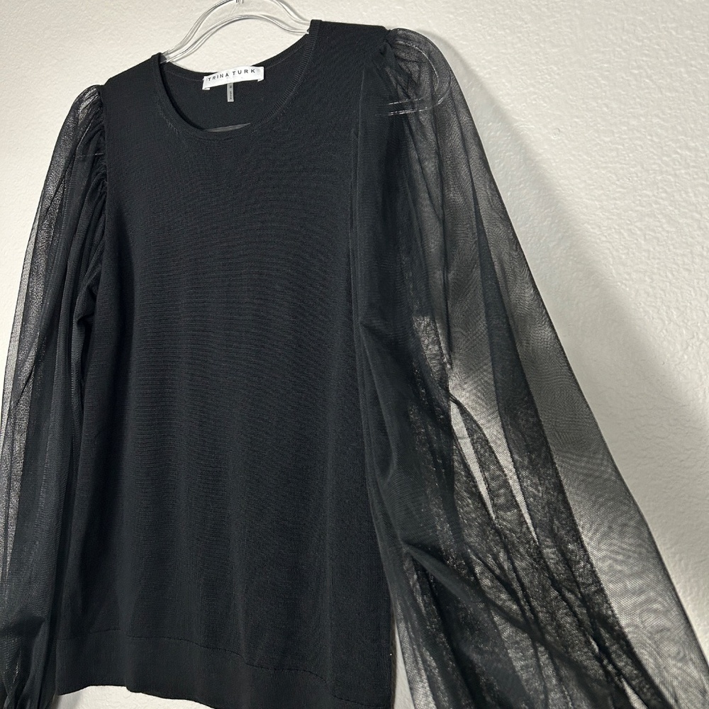 Trina Turk size M Rhea 2 sweater black 100% Merino wool mesh long sleeves - Picture 7 of 13